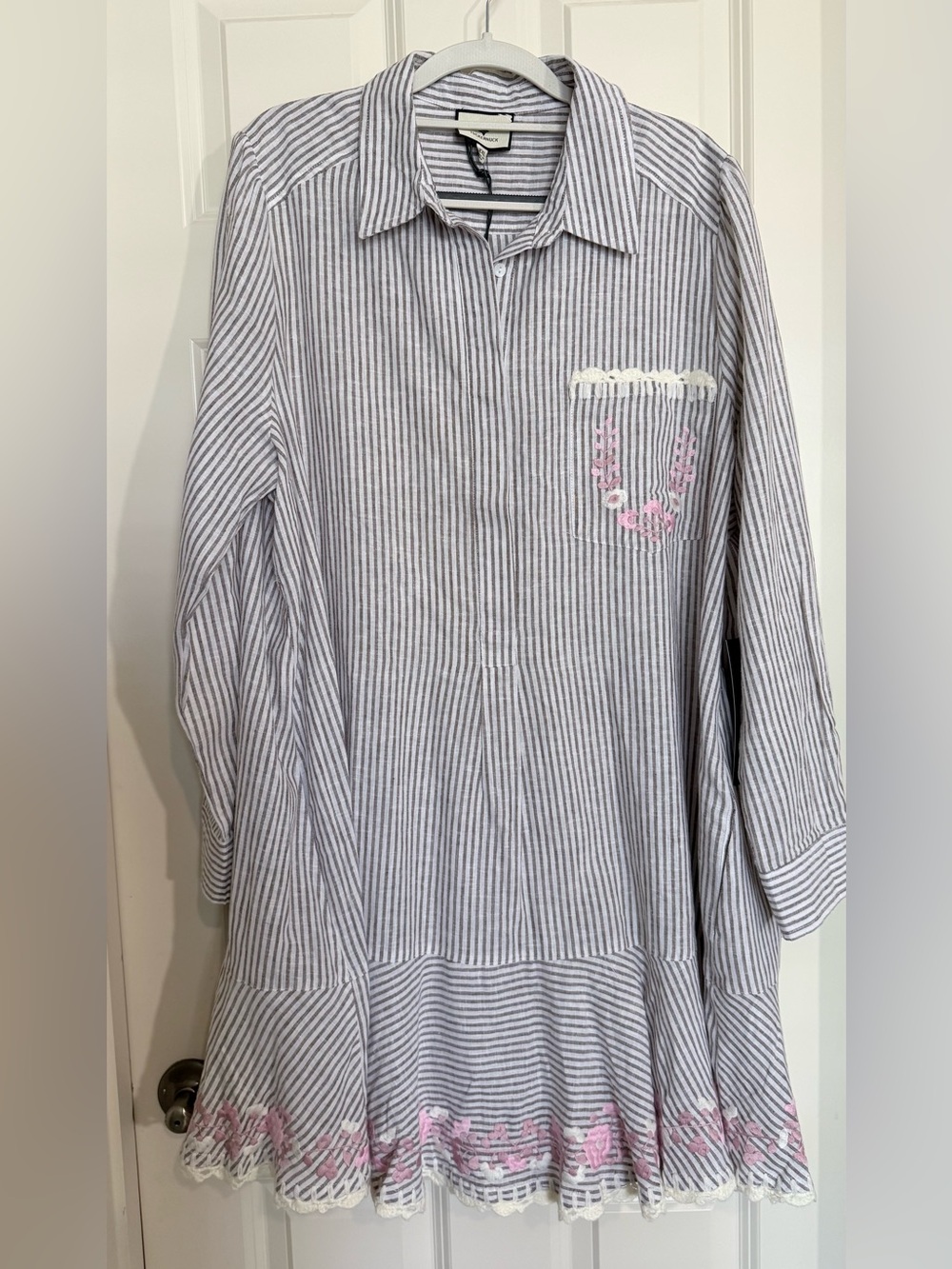 Tuckernuck Striped Long-Sleeve Tunic Dress with Pink Embroidery